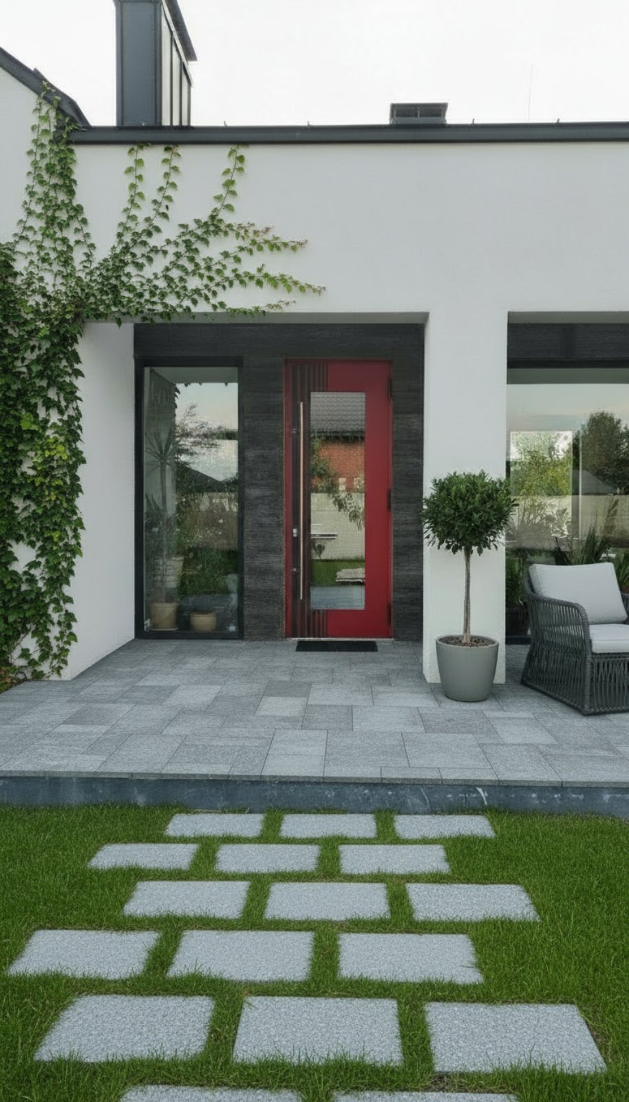 Яркая красная входная дверь в современном доме