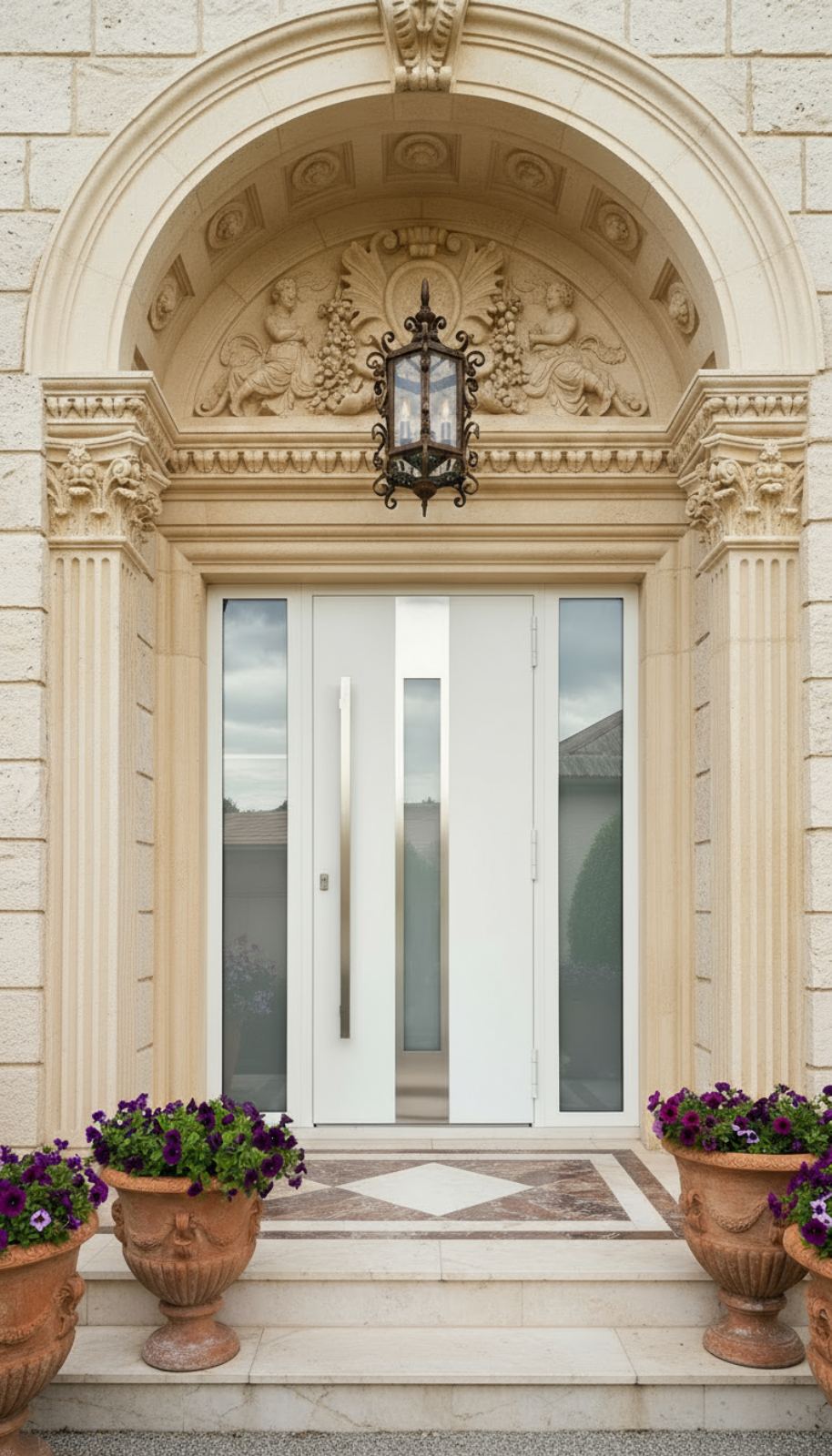 Светлая входная дверь с тремя окошками